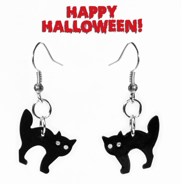 Halloween-Ohrringe schwarze Katze mit leuchtenden Perlenaugen Gothicschmuck Metalschmuck
