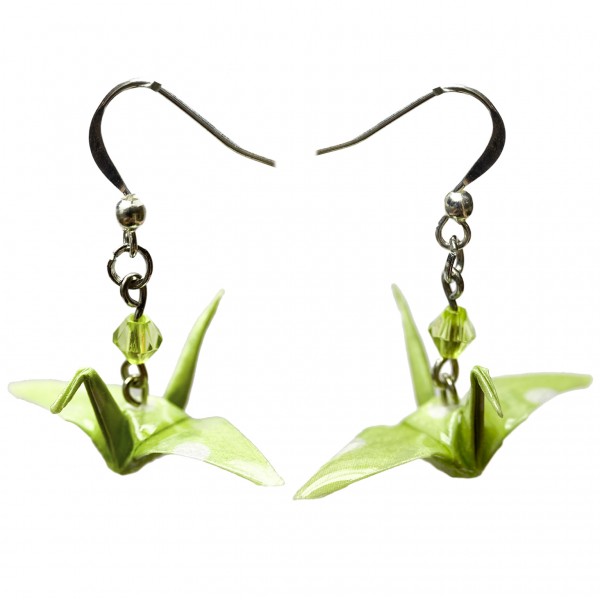 Origami Ohrhänger „Kranich“ in grün mit dots handgefertigte gepunktete Ohrringe mit Tiermotiv