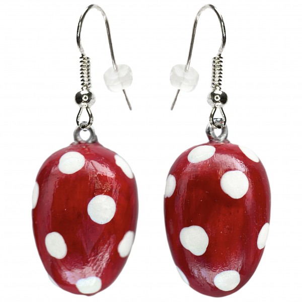 Mini Osterei Ohrringe rot mit weißen Punkten Ohrhänger mit dots Polka Ohrringe aus Holz Ostergeschen