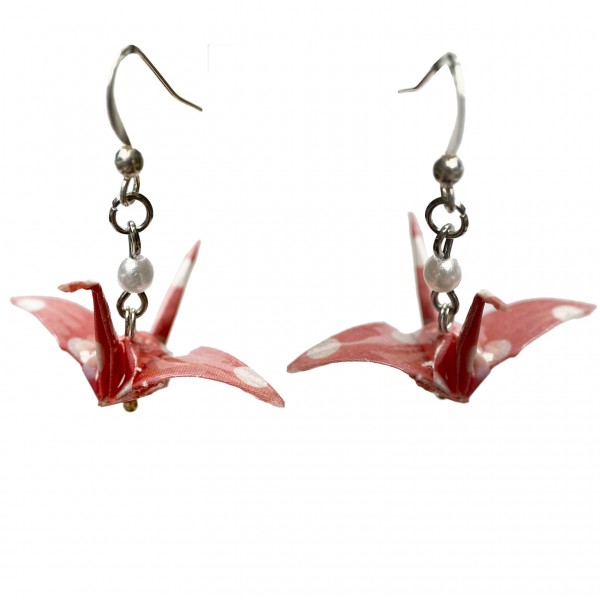 Origami Ohrhänger „Kranich“ in rosa dots handgefertigte gepunktete Ohrringe mit Tiermotiv