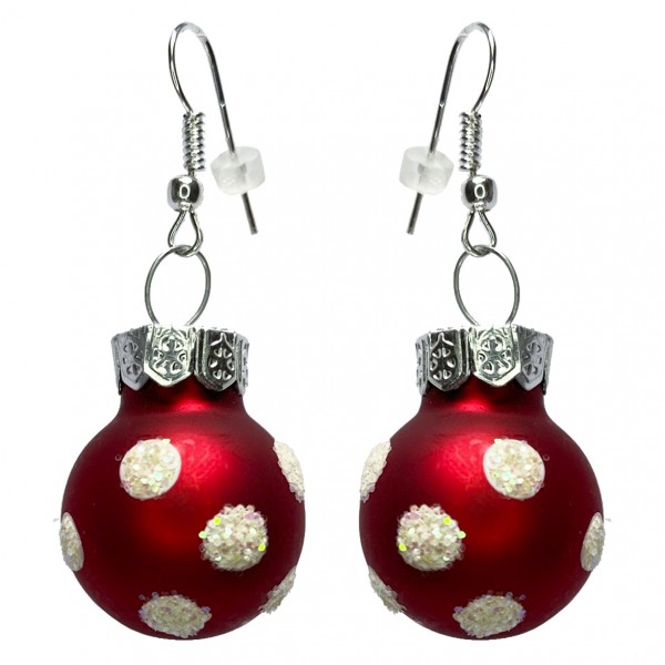 Mini Weihnachtskugeln rot matt Ohrringe mit weißen Punkten Dots Christbaumkugeln als Ohrhänger Glas