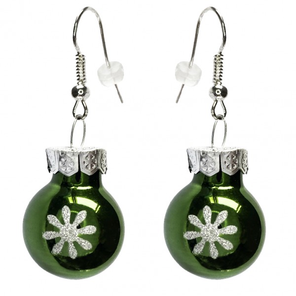 Mini Weihnachtskugeln grün glänzend Ohrringe mit Schneeflocke Christbaumkugeln als Ohrhänger Glaskugeln Ohrschmuck