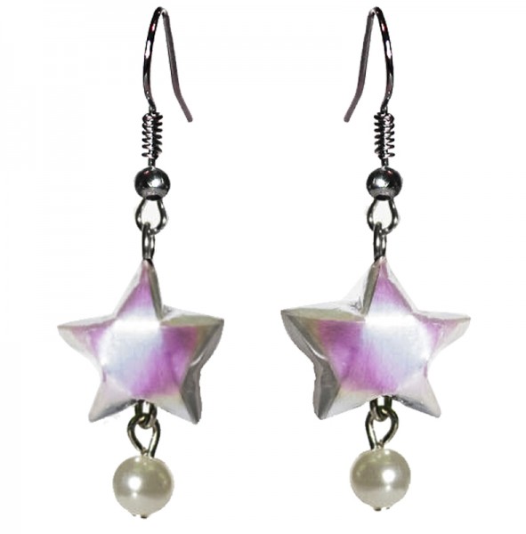 Origami Ohrhänger "Starlett" weiß perlmutt mit Perle einzigartige Stern-Ohrringe handgefertigt