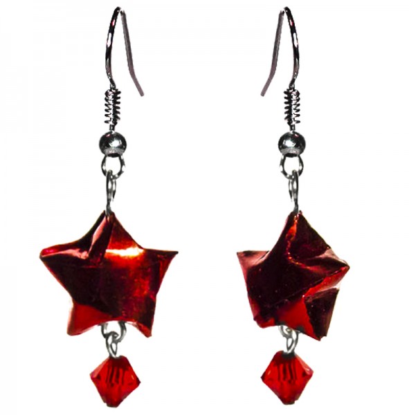 Origami Ohrhänger "Starlett" rot perlmutt mit Perle einzigartige Stern-Ohrringe handgefertigt