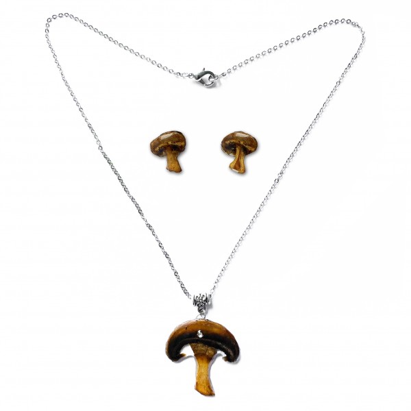 Pilz Schmuck Set mit echten Pilzen und Zirkonia-Stein Halskette und Ohrstecker im Boho Hippie Style ganz