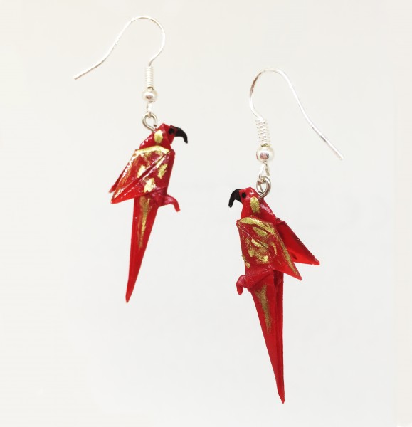 Ohrhänger "Papagei" in rot-gold handgefertigte Origami-Faltkunst in Papageiform