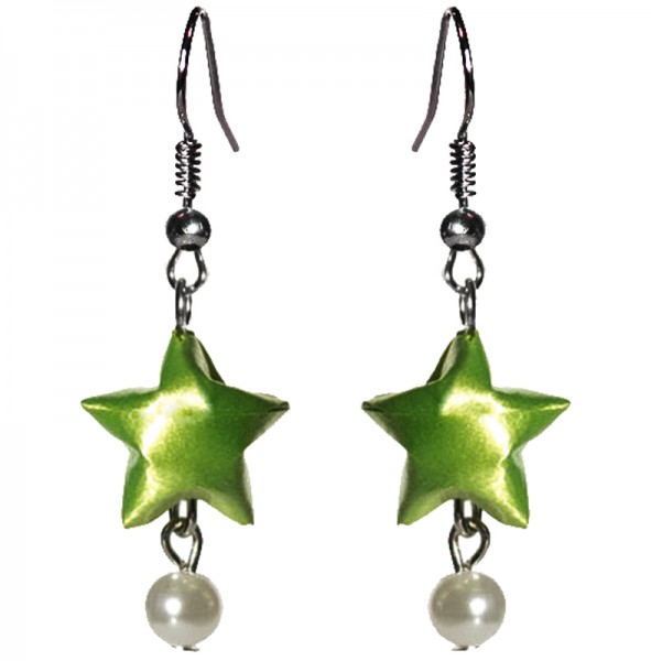 Origami Ohrhänger "Starlett" grün perlmutt mit Perle einzigartige Stern-Ohrringe handgefertigt